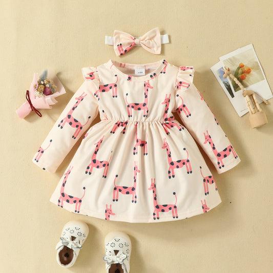 0-2 years old baby giraffe print dress flying sleeves long sleeves casual dress bow headband