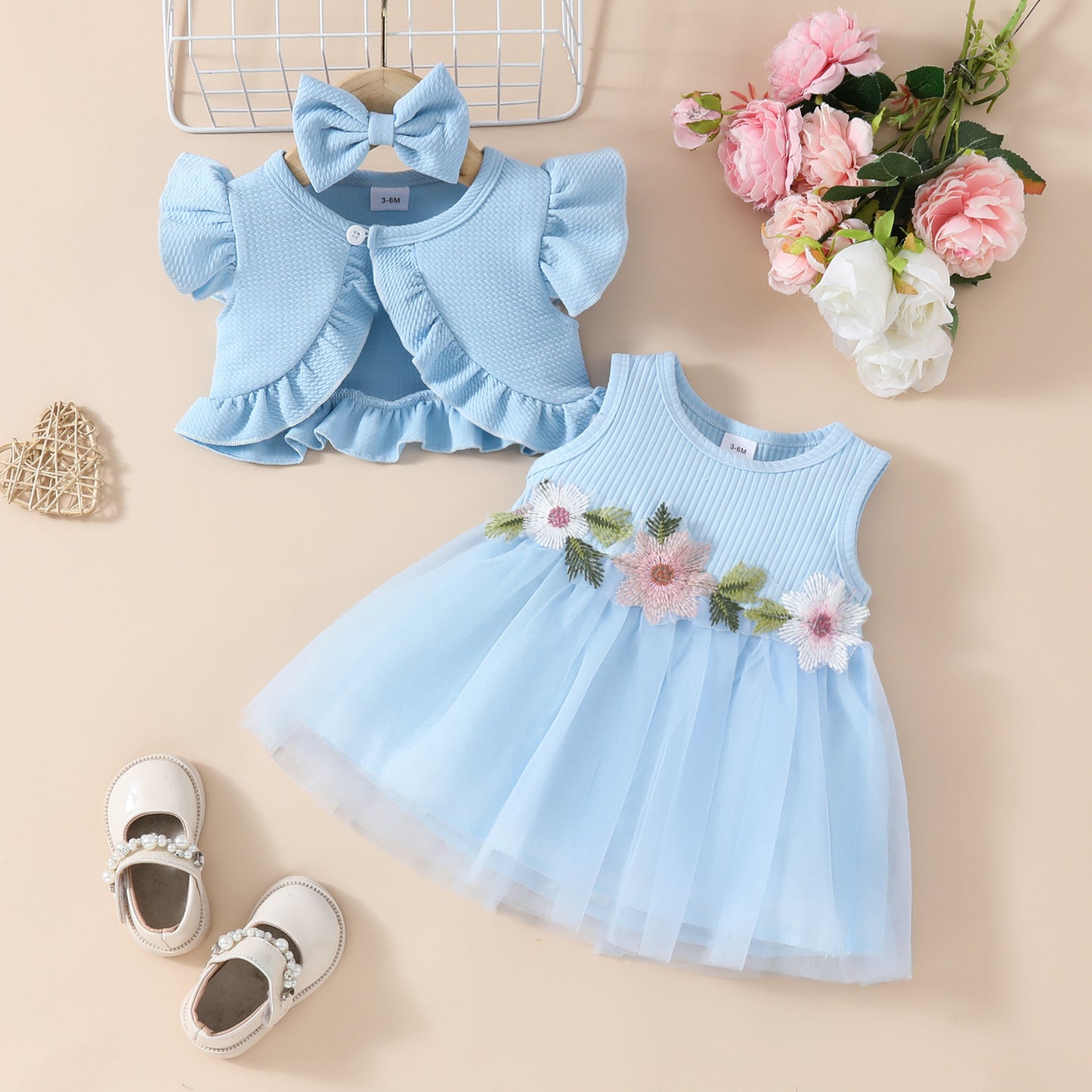 Toddler Girls Sleeveless Cropped Top Mesh Dress Set Sweet Girls Applique Skirt Lace Jacket