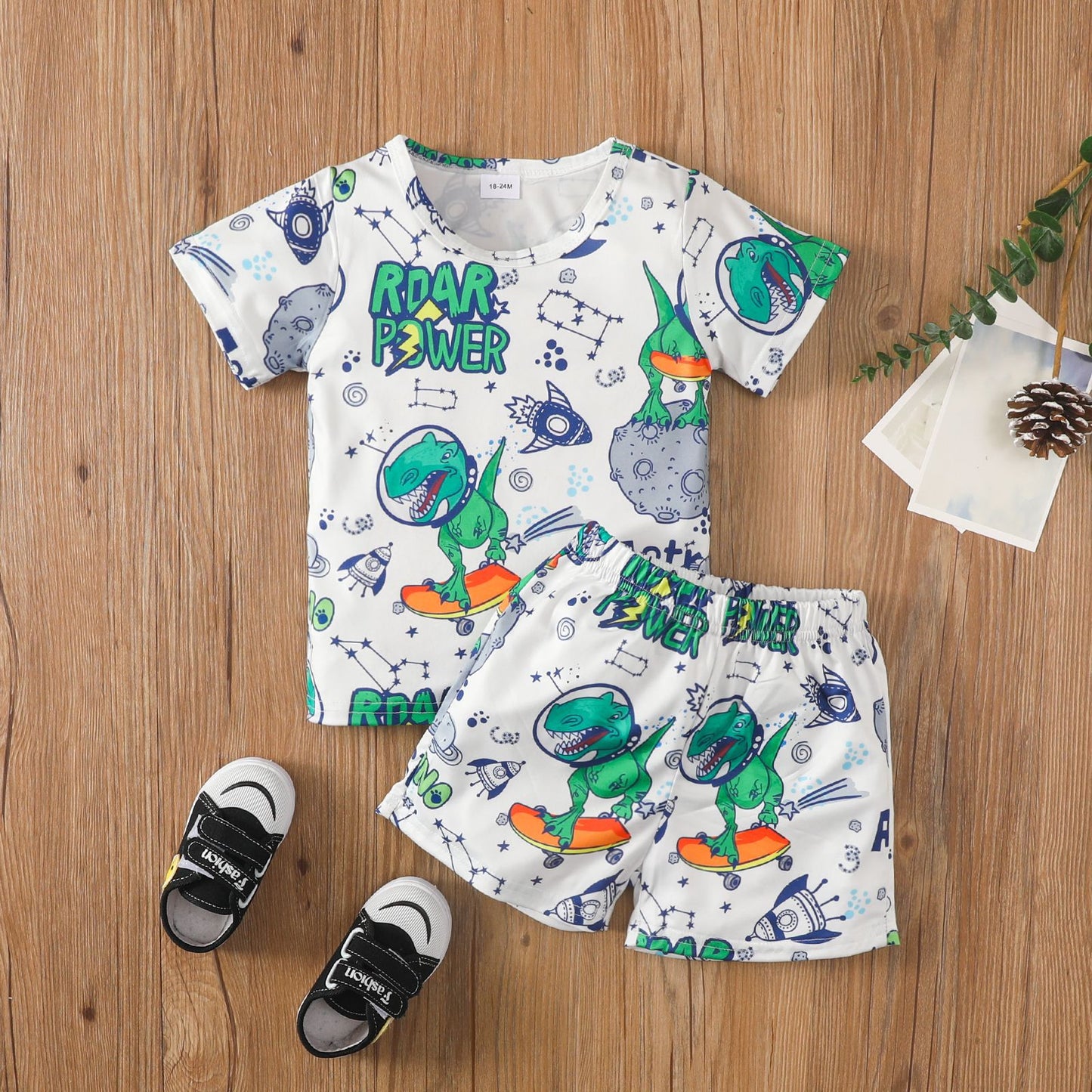 Toddler boy's dinosaur cartoon print letter short-sleeved pullover shorts suit