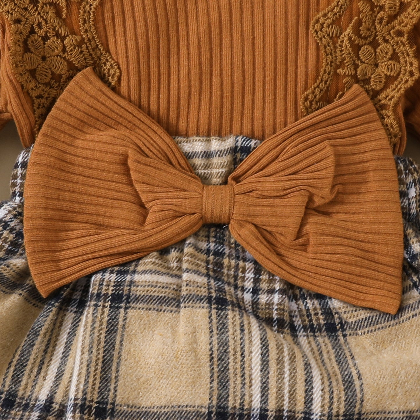 Baby long-sleeved lace plaid triangle jumpsuit autumn and winter girl's ribbed bowknot jumpsuit