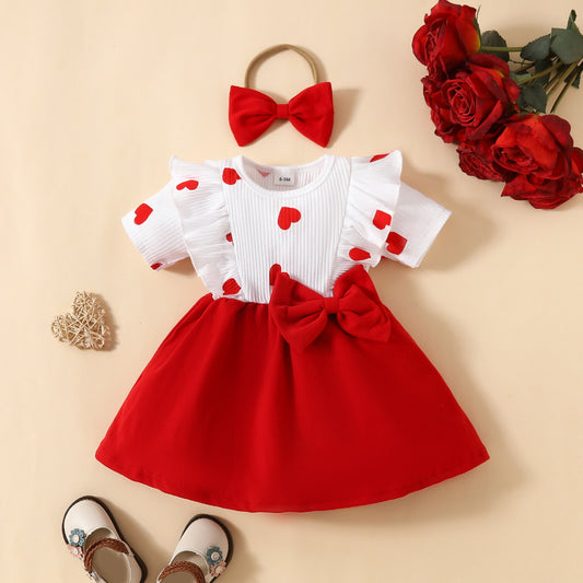 Baby Short sleeve dress for toddler girl heart bow skirt spring and autumn sweet skirt