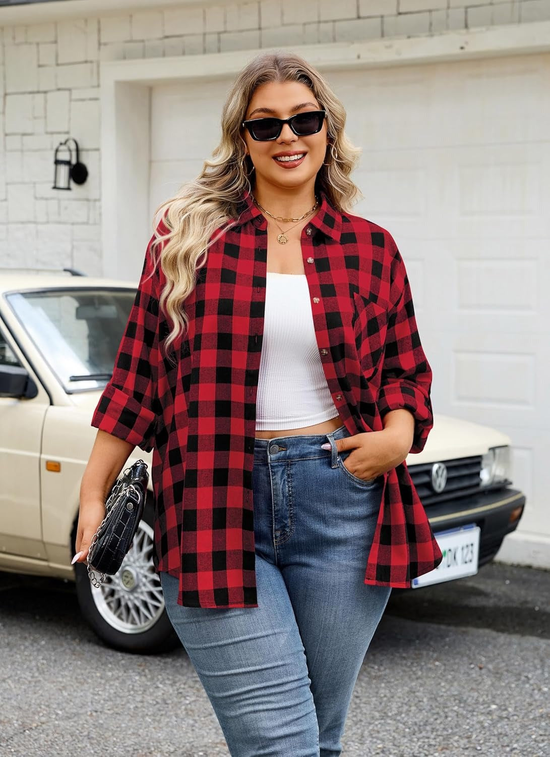 Splensive Womens Plus Size Flannel Shirts Long Sleeve Button Down Plaid Shirt Roll Up Oversize Checkered Blouse Top Fall