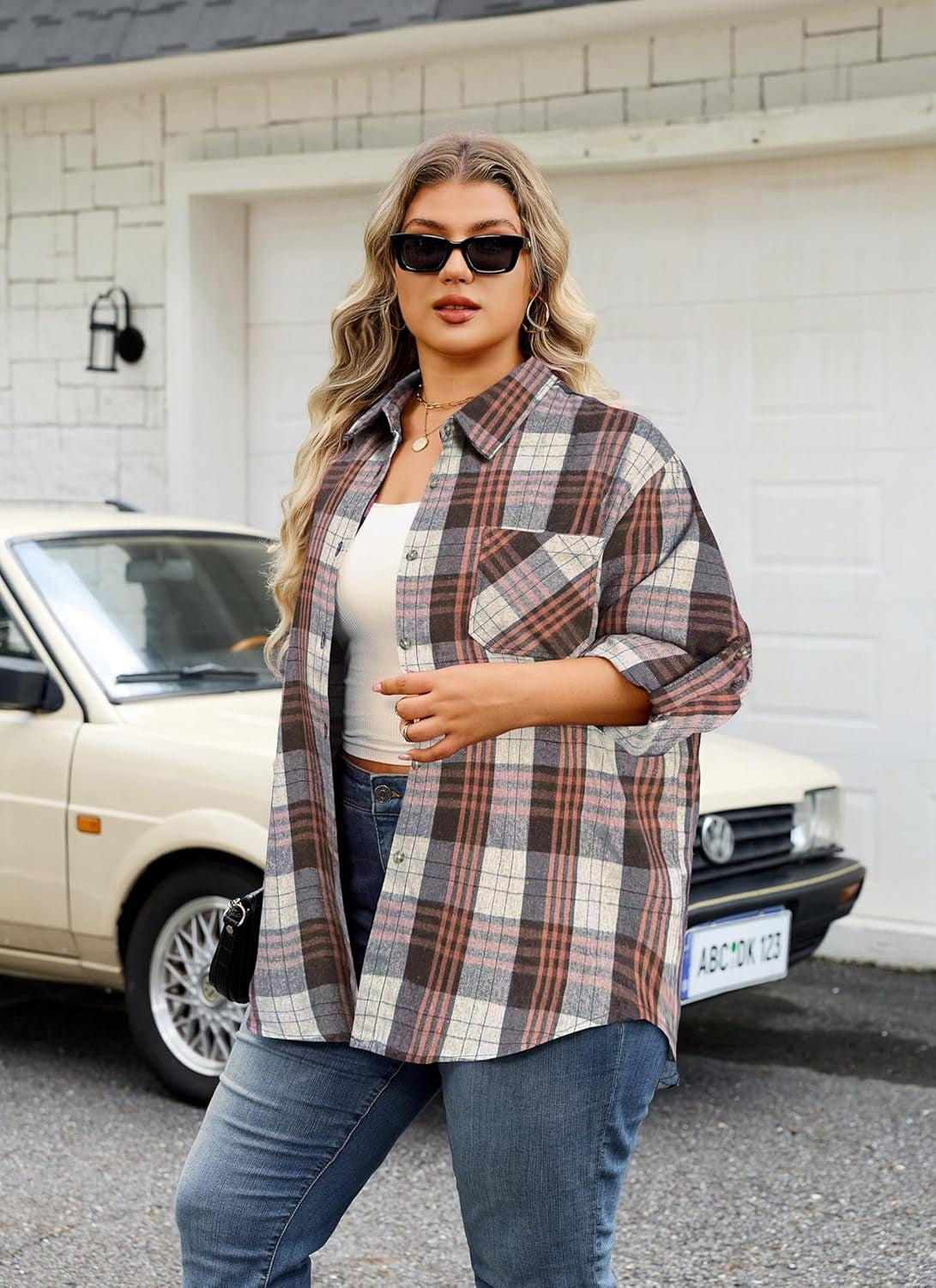 Splensive Womens Plus Size Flannel Shirts Long Sleeve Button Down Plaid Shirt Roll Up Oversize Checkered Blouse Top Fall