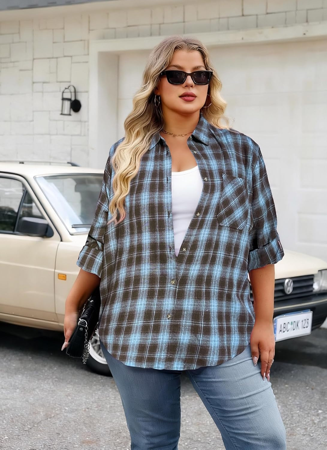 Splensive Womens Plus Size Flannel Shirts Long Sleeve Button Down Plaid Shirt Roll Up Oversize Checkered Blouse Top Fall