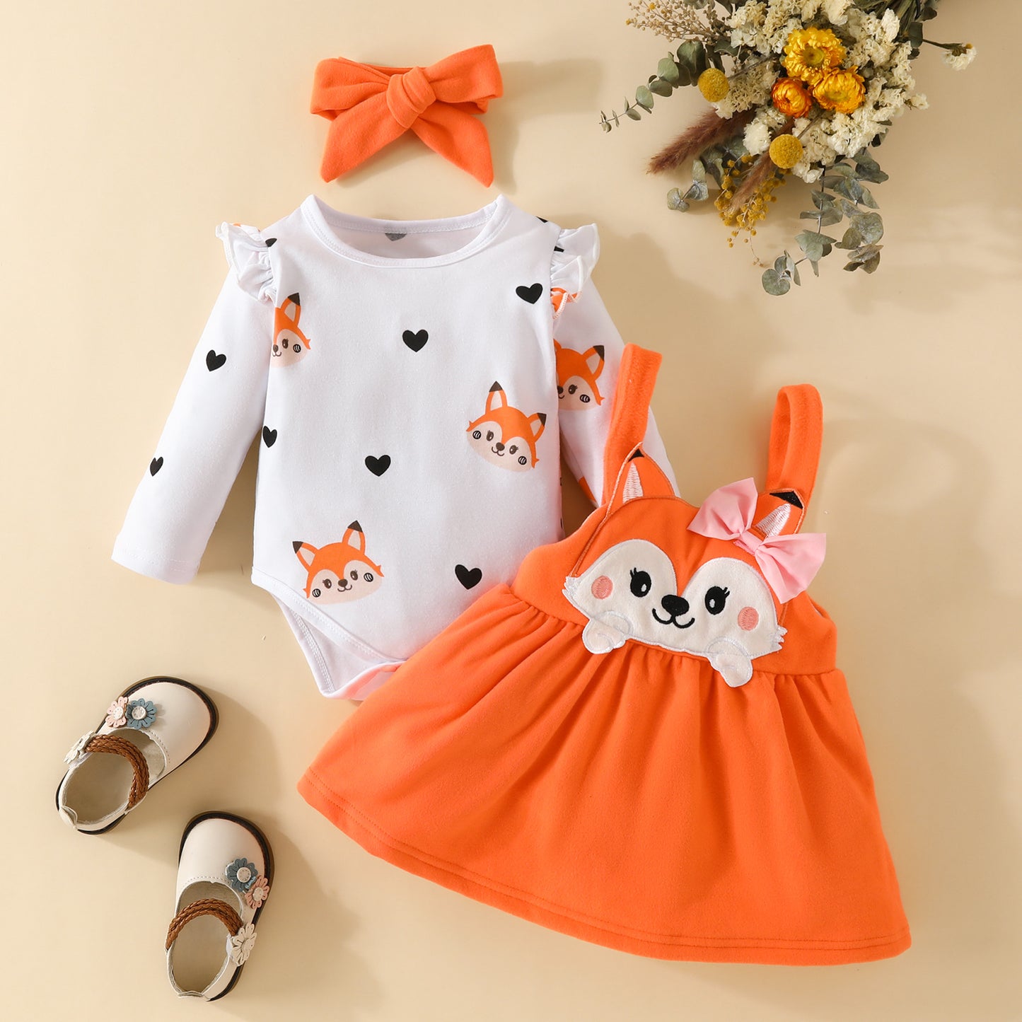Autumn and winter infant and toddler cartoon fox heart print long-sleeved romper bow tie suspender dress set