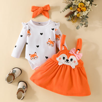 Autumn and winter infant and toddler cartoon fox heart print long-sleeved romper bow tie suspender dress set