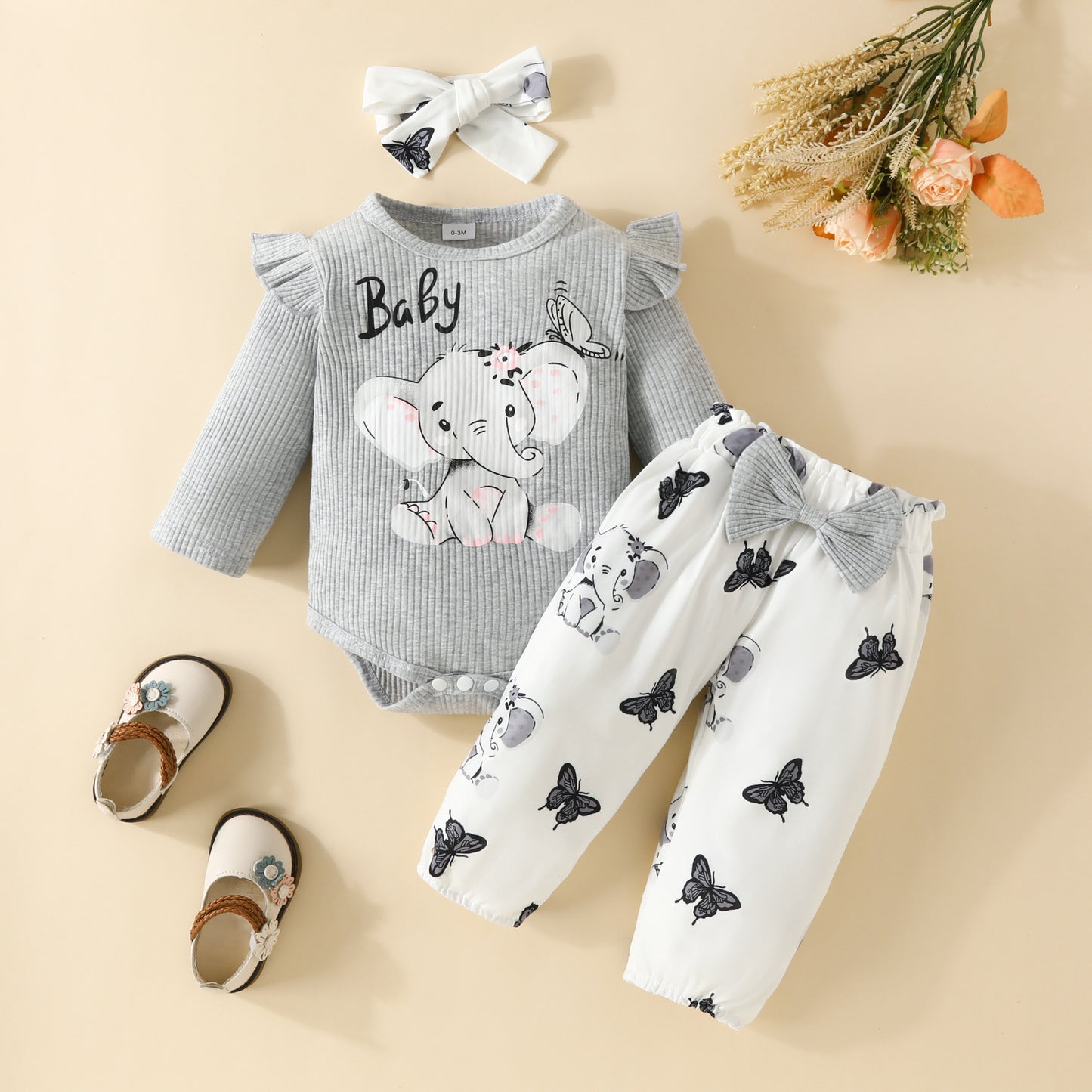 Infant elephant letter long-sleeved triangle romper with bowknot trousers spring and autumn top butterfly elephant trousers