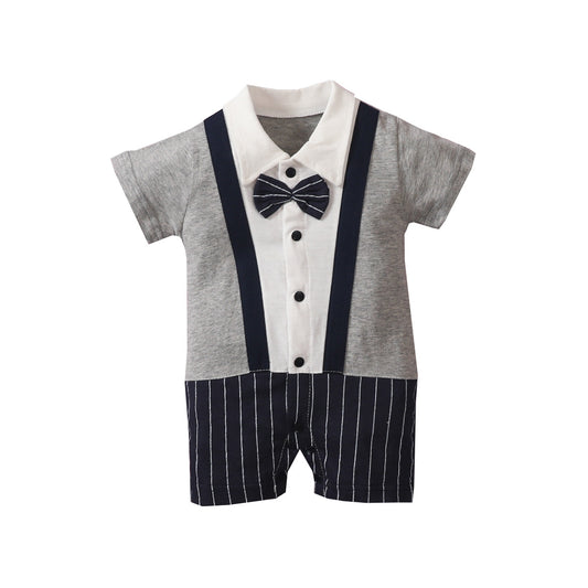 Infant Boys Bow Tie Lapel Splicing Romper Short Sleeve One-Piece Suit