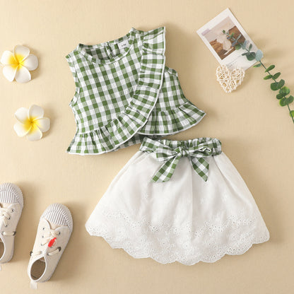 Baby Sleeveless Ruffle Plaid Top Bow Embroidered Skirt Suit Girls