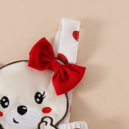 Baby Girls One-piece Dress Set Long Sleeve Red Triangle Romper Bear Doll Overall Dress Hairband