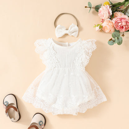Baby Girl Sweet Sleeveless Lace Triangle Romper Mesh Skirt Newborn Lace Flower Cover-up Dress