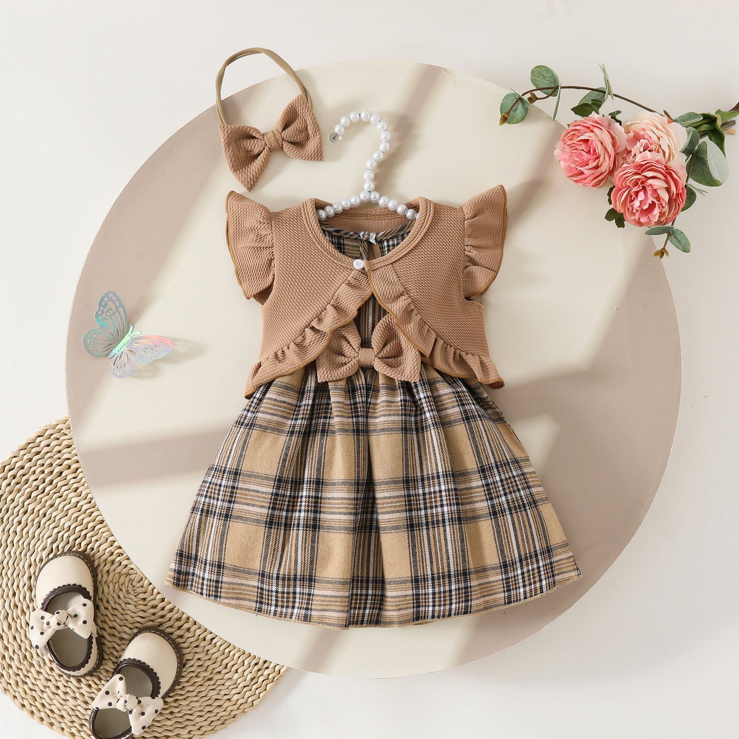 Summer baby dress suit sleeveless ruffled short coat top plaid bow dress