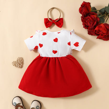 Baby Short sleeve dress for toddler girl heart bow skirt spring and autumn sweet skirt