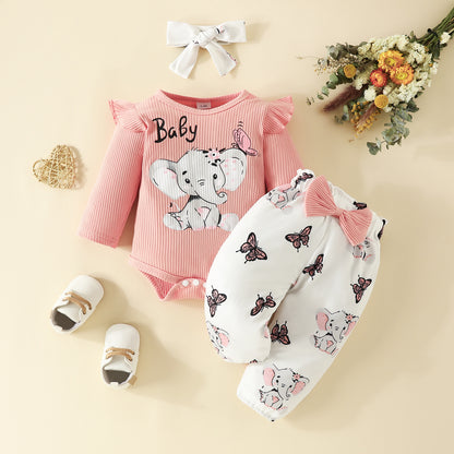 Infant elephant letter long-sleeved triangle romper with bowknot trousers spring and autumn top butterfly elephant trousers