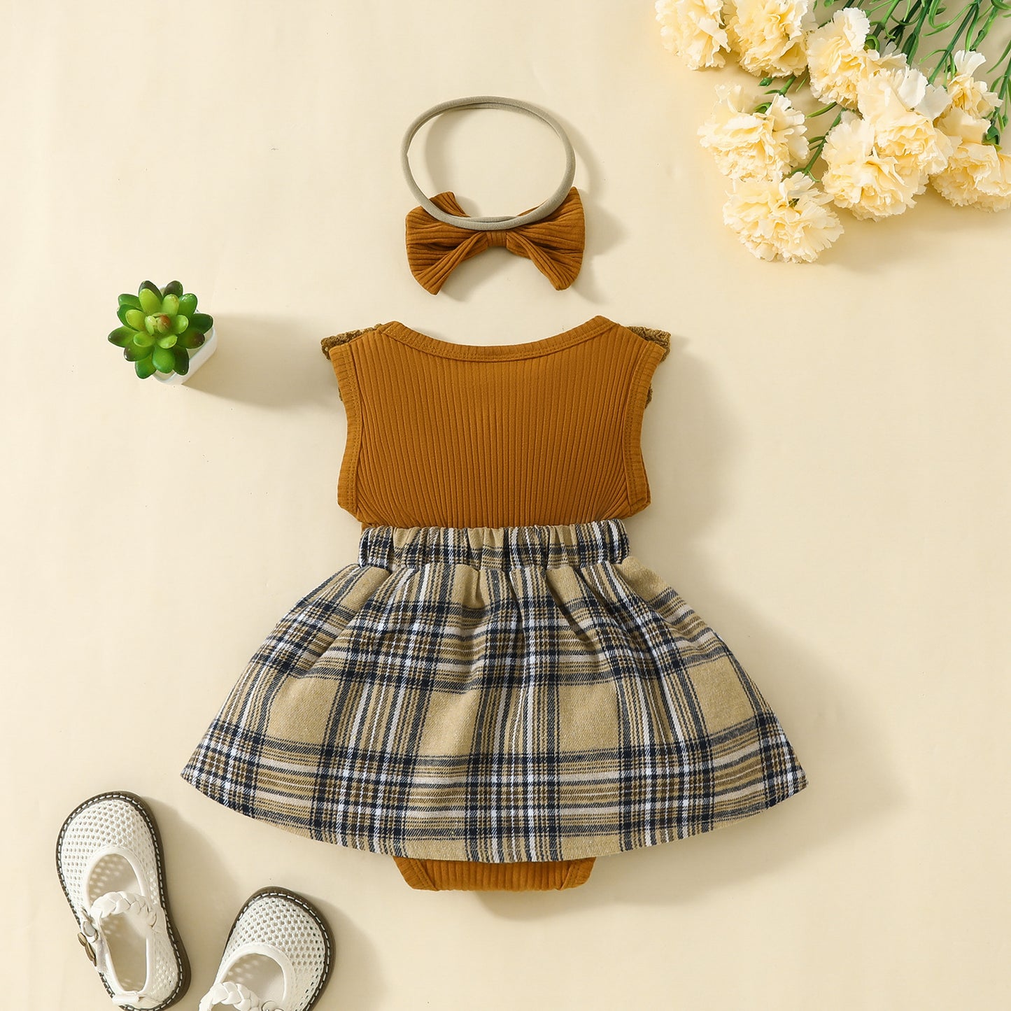 Summer baby girl sleeveless triangle romper dress baby lace big butterfly plaid vest jumpsuit dress