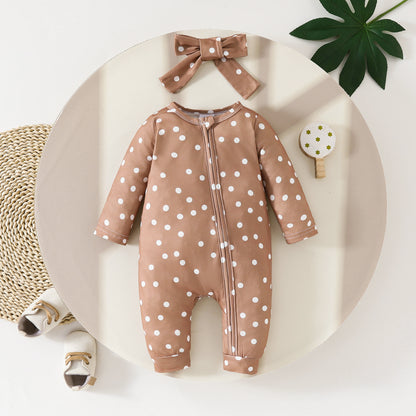 New baby zipper onesie full print long sleeve long leg crawler four seasons wear baby girl onesie headband