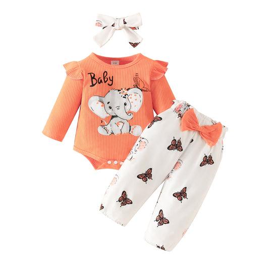 Infant elephant letter long-sleeved triangle romper with bowknot trousers spring and autumn top butterfly elephant trousers
