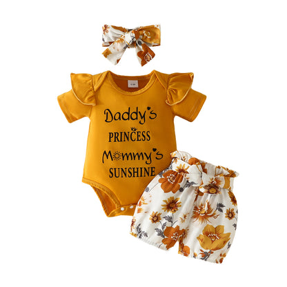 Short Sleeve Triangle Romper Shorts Set Baby Girl Letter Summer Top Belt Flower Cute Pants