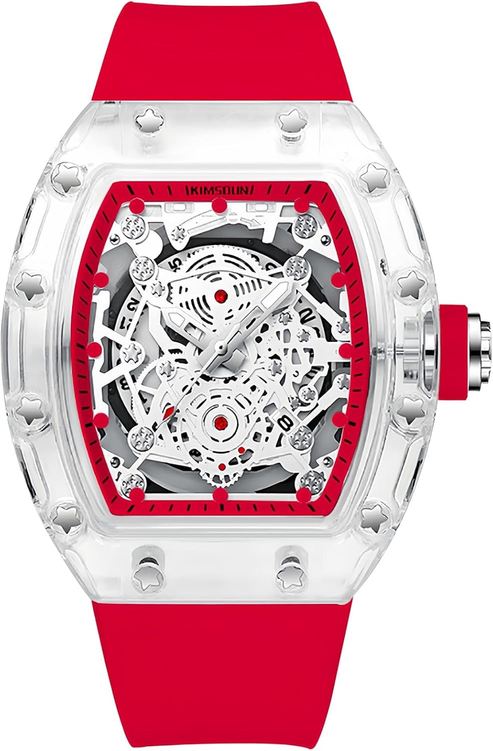 Fashion Hollowed Men Watches Tonneau Transparent Analog Display Silicone Strap Calendar Quartz Waterproof Trend Male Wrist Watch