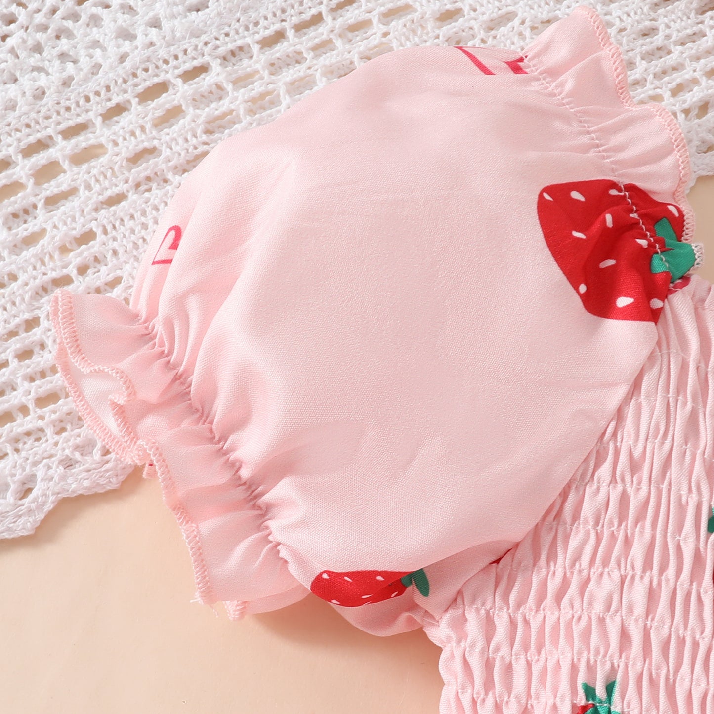 Summer baby girl pink short-sleeved triangle romper dress with bow print square collar