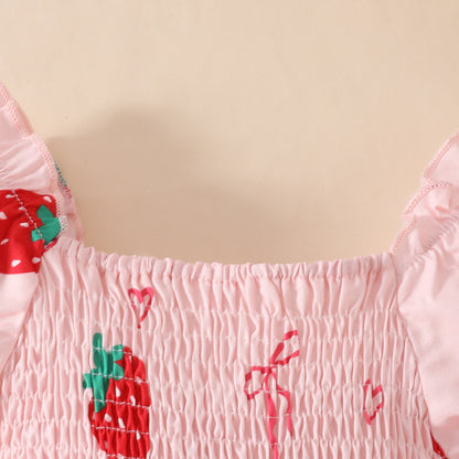 Summer baby girl pink short-sleeved triangle romper dress with bow print square collar