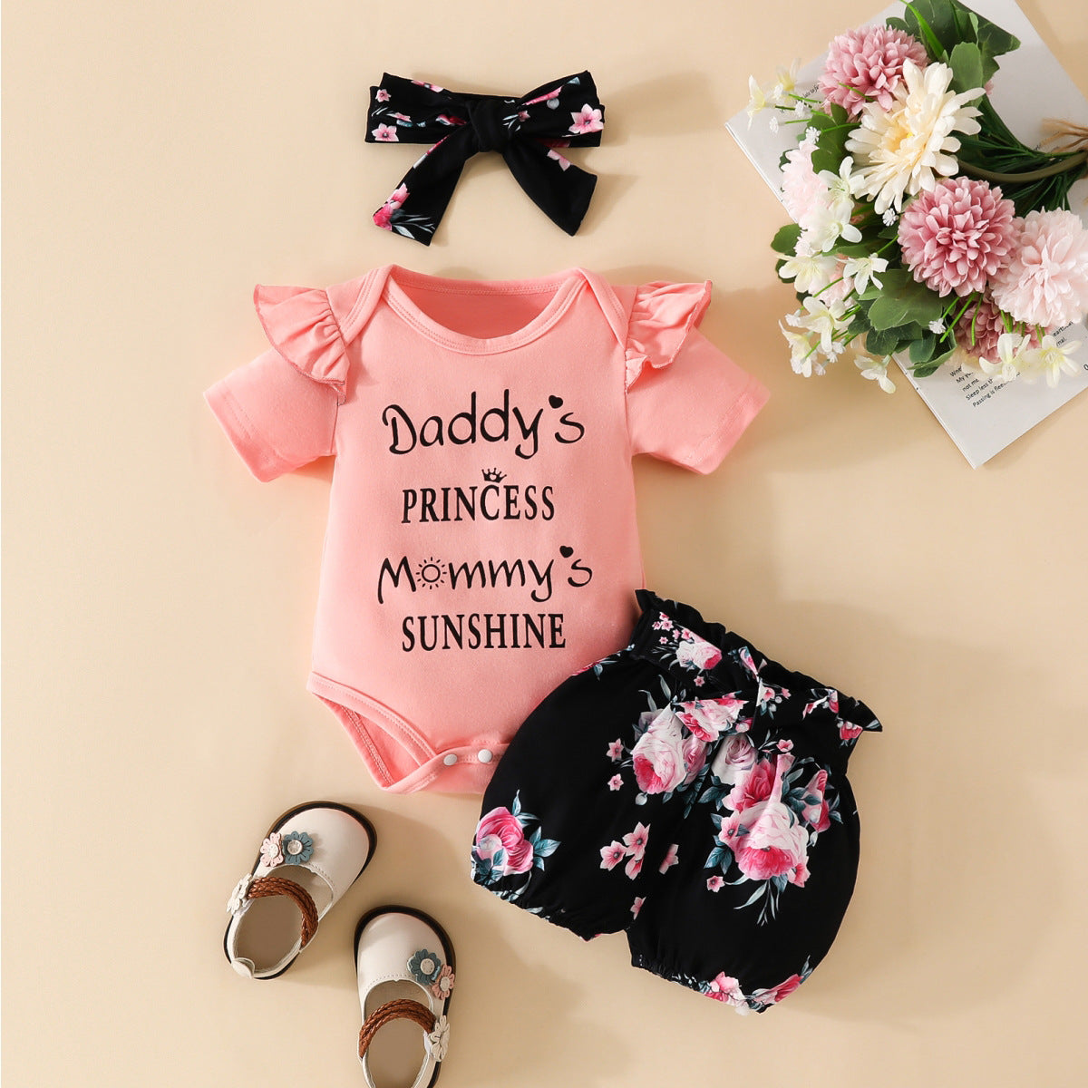 Short Sleeve Triangle Romper Shorts Set Baby Girl Letter Summer Top Belt Flower Cute Pants