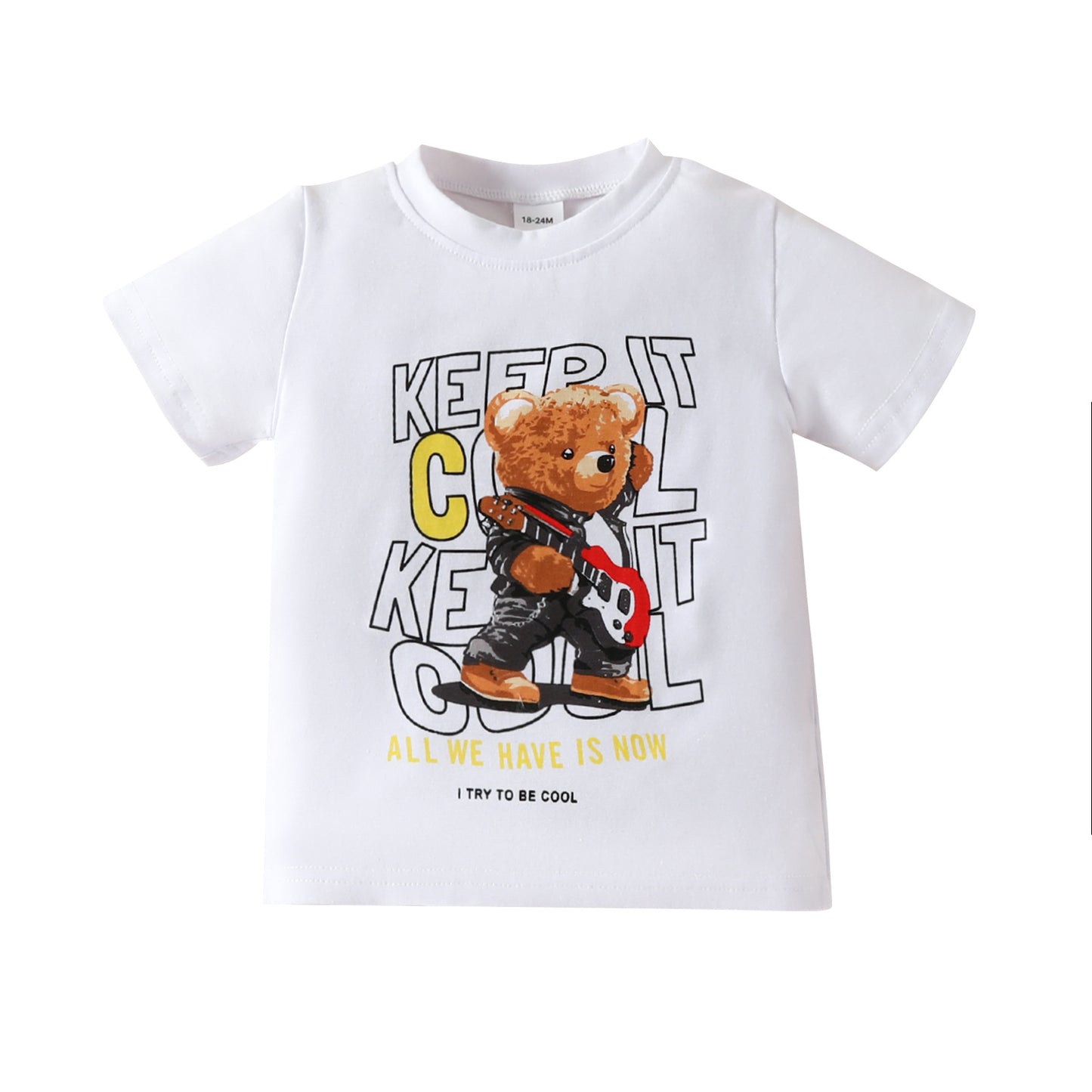 Summer children's short-sleeved T-shirt for boys with letters, cartoon bear and lion, one-piece top, cotton round neck, white short T