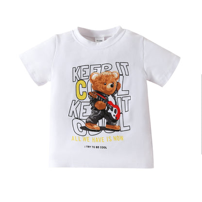 Summer children's short-sleeved T-shirt for boys with letters, cartoon bear and lion, one-piece top, cotton round neck, white short T
