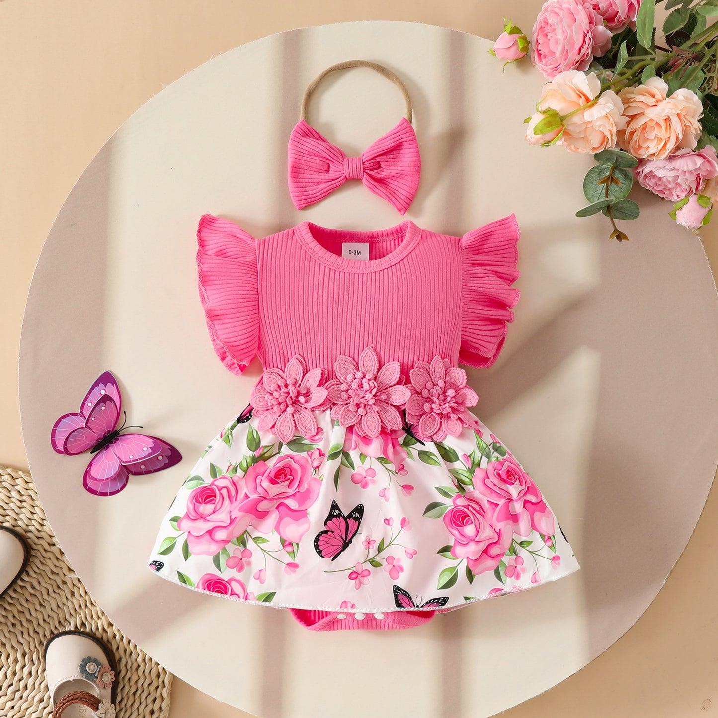 Summer Sleeveless Pit Stripe Applique Floral Print Romper Dress Baby Casual Dress