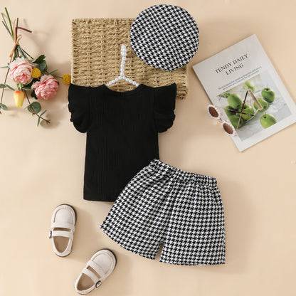 Toddler girl fashion flying sleeve solid color top + plaid shorts + beret set small Chanel style summer three-piece set