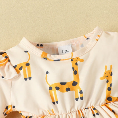 0-2 years old baby giraffe print dress flying sleeves long sleeves casual dress bow headband