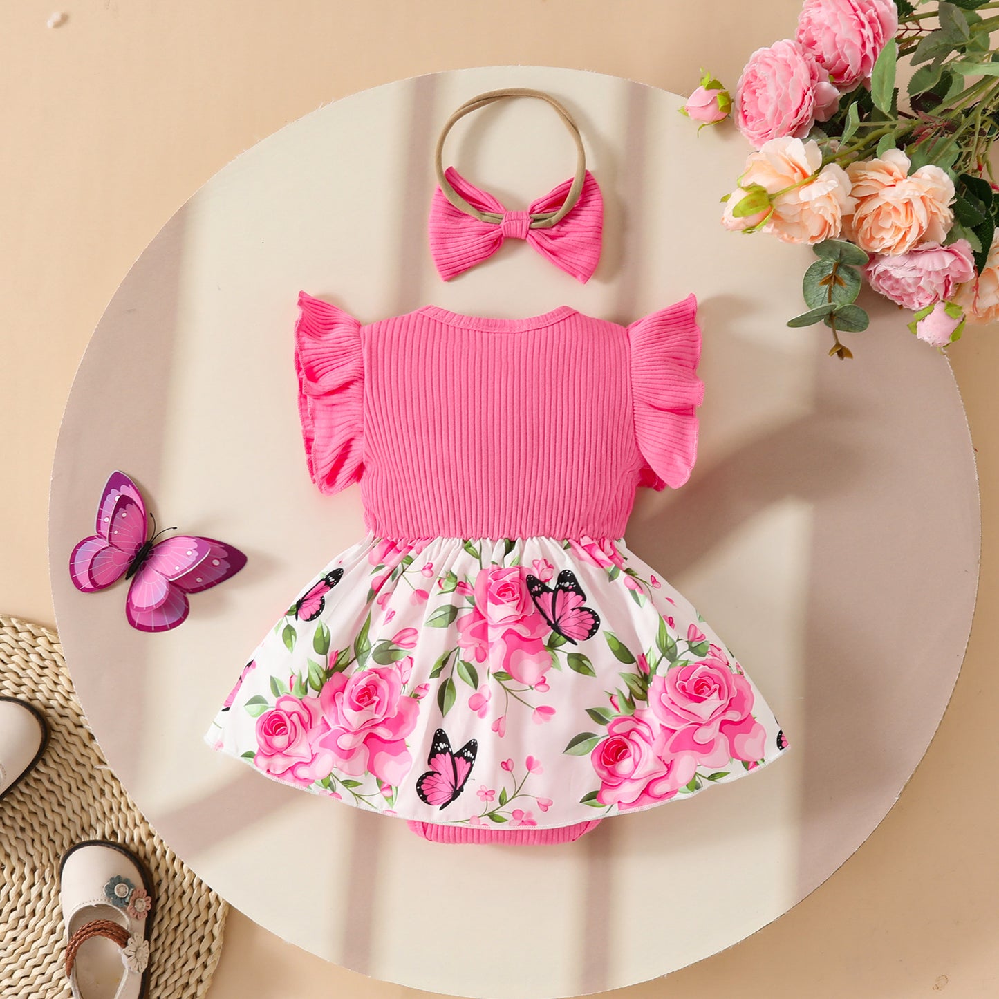 Summer Sleeveless Pit Stripe Applique Floral Print Romper Dress Baby Casual Dress