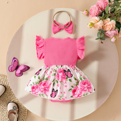 Summer Sleeveless Pit Stripe Applique Floral Print Romper Dress Baby Casual Dress