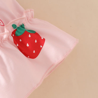Summer baby girl pink short-sleeved triangle romper dress with bow print square collar