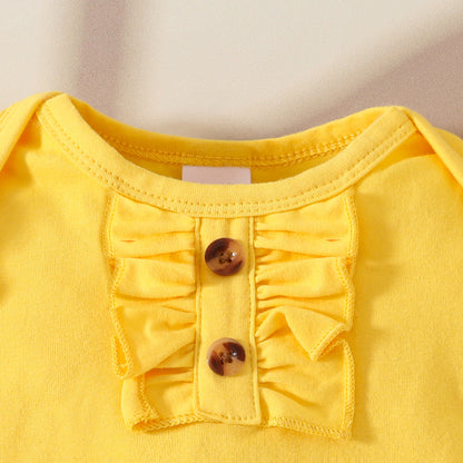 Summer baby girl button ruffled edge short-sleeved romper with flower bow half-length cake skirt suit