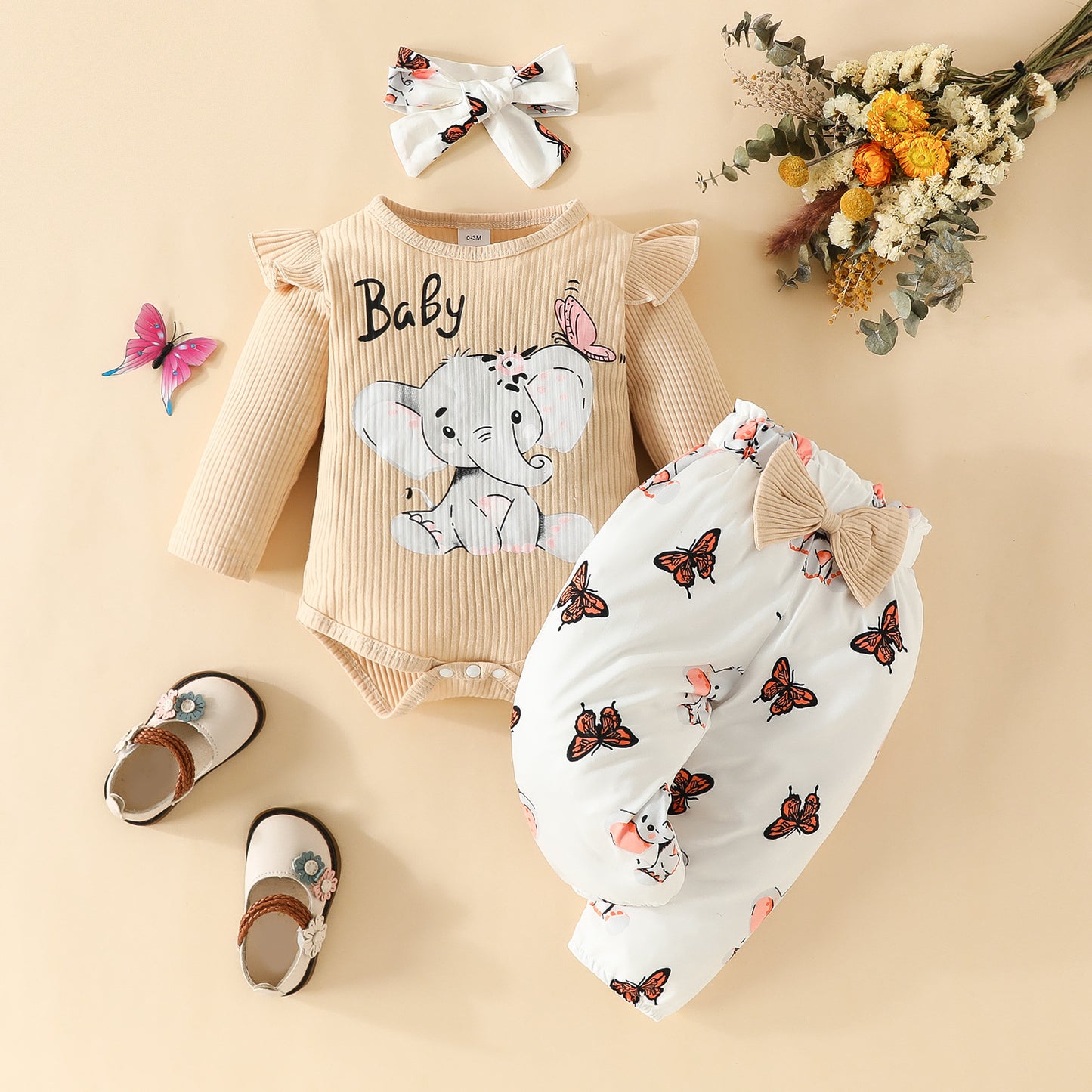 Infant elephant letter long-sleeved triangle romper with bowknot trousers spring and autumn top butterfly elephant trousers