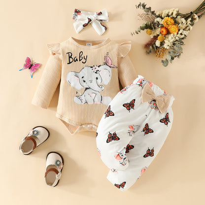 Infant elephant letter long-sleeved triangle romper with bowknot trousers spring and autumn top butterfly elephant trousers