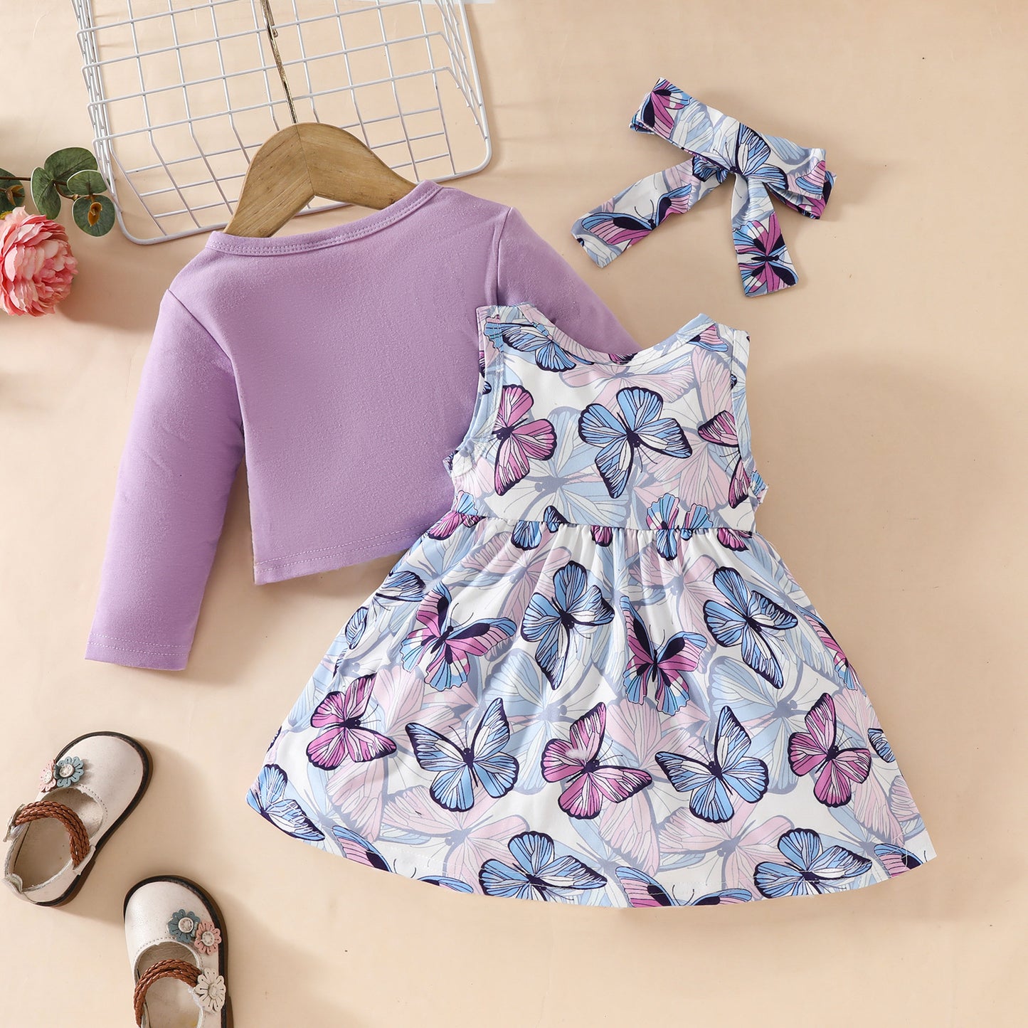 Toddler Girl Long Sleeve Jacket Sleeveless Dress Set 0-3 Years Old Floral Butterfly Sleeveless Dress + Jacket Two-piece Set