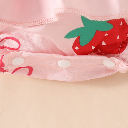 Summer baby girl pink short-sleeved triangle romper dress with bow print square collar