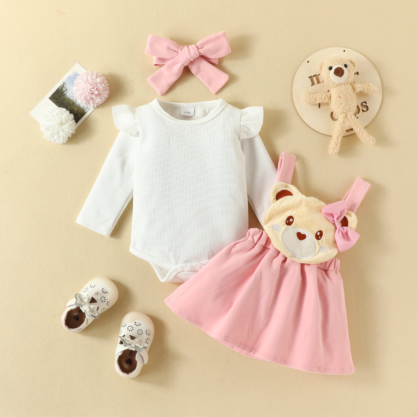 Autumn and winter infant and toddler cartoon fox heart print long-sleeved romper bow tie suspender dress set