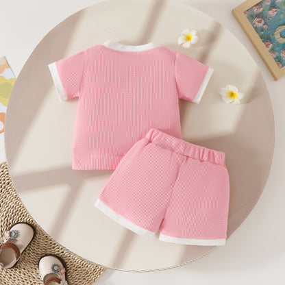 Toddler Girls Summer Waffle Towel Embroidered Flower Short Sleeve Top Pocket Decoration Shorts Two-piece Set