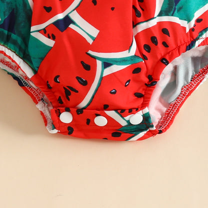 Summer baby watermelon double shoulder strap triangle romper baby bow fruit crawling clothes sleeveless fart clothes