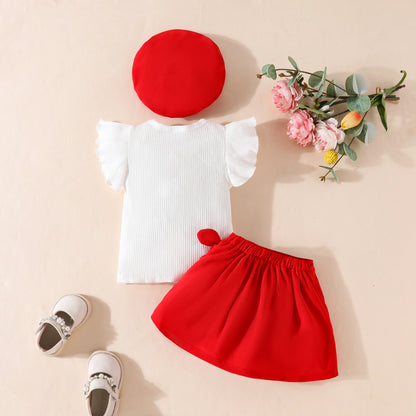 Toddler Girl Sleeveless Ruffled Big Bow White Ribbed Top Decorated Lace-up Skirt Set
