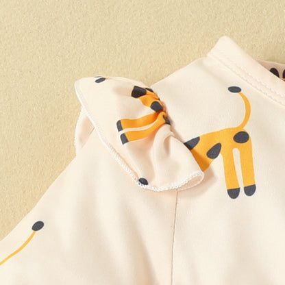 0-2 years old baby giraffe print dress flying sleeves long sleeves casual dress bow headband