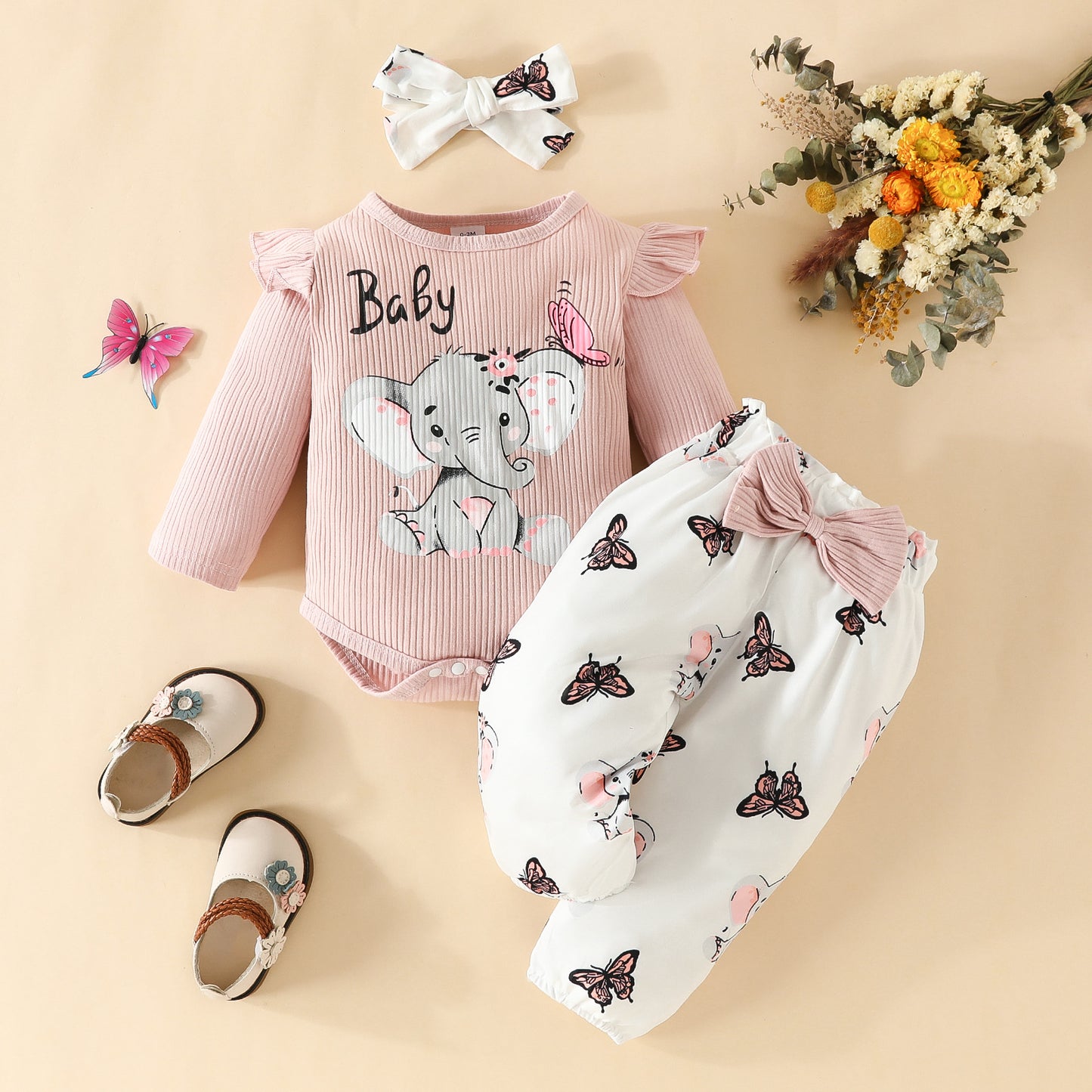 Infant elephant letter long-sleeved triangle romper with bowknot trousers spring and autumn top butterfly elephant trousers