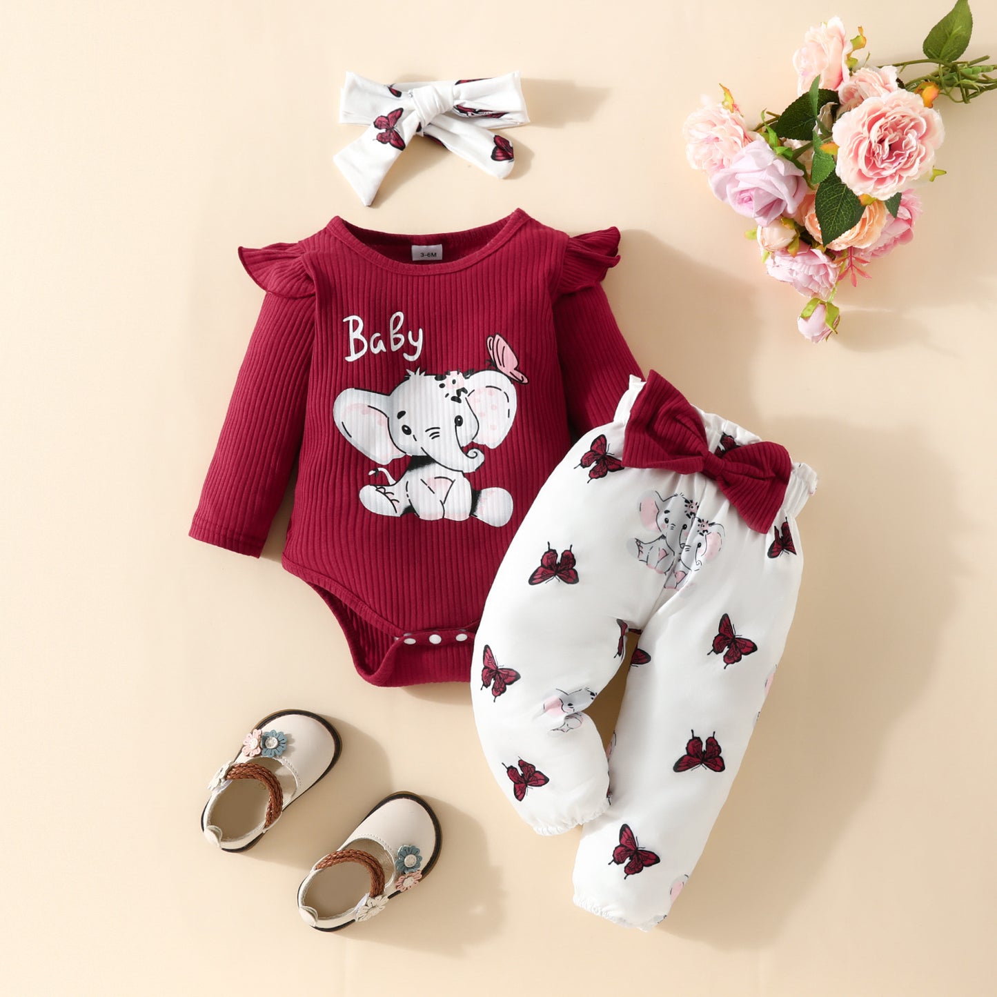 Infant elephant letter long-sleeved triangle romper with bowknot trousers spring and autumn top butterfly elephant trousers