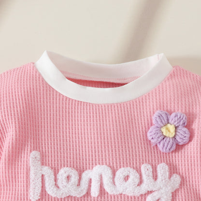 Toddler Girls Summer Waffle Towel Embroidered Flower Short Sleeve Top Pocket Decoration Shorts Two-piece Set