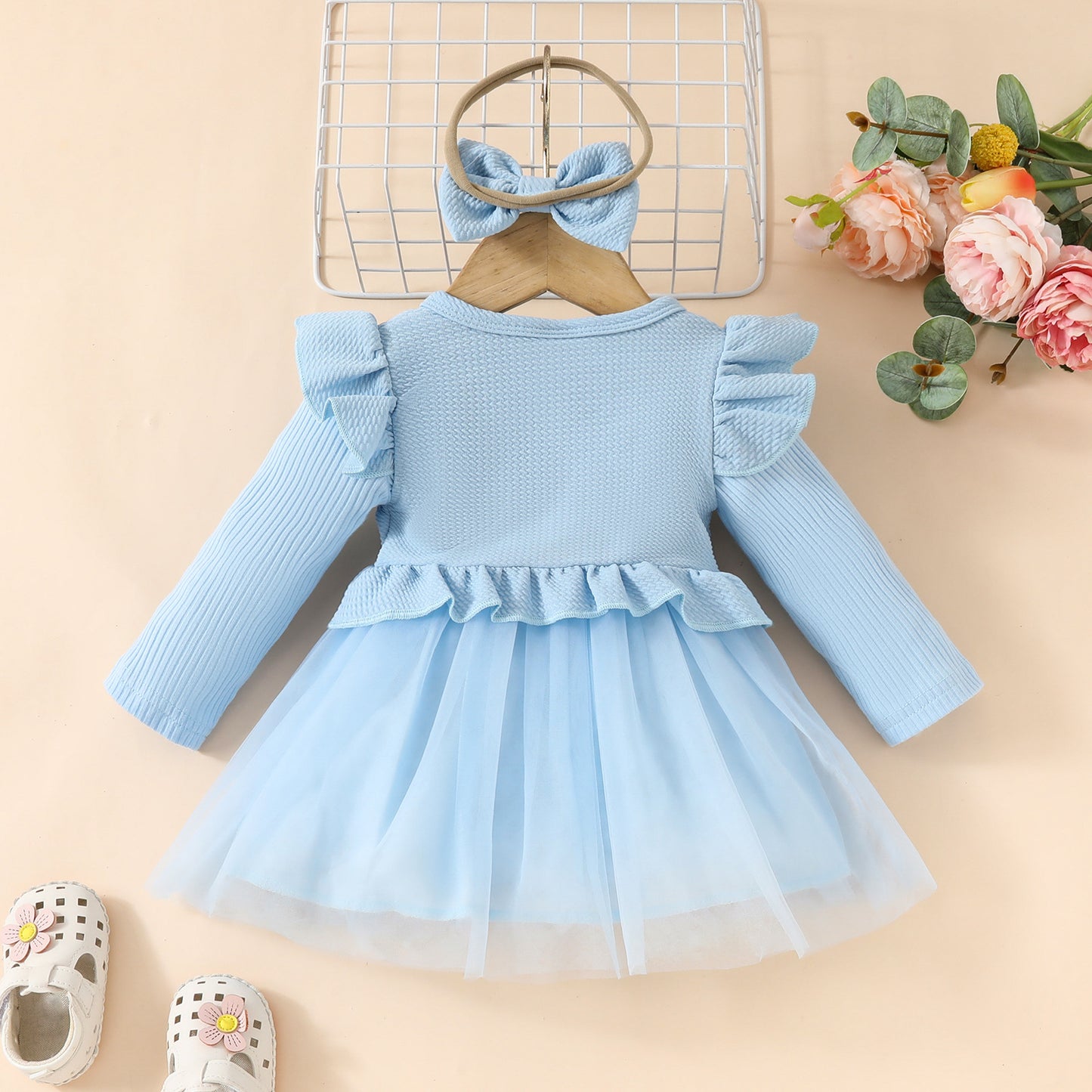 Toddler Girls Dress Set Sleeveless Ruffle Short Jacket + Long Sleeve Mesh Applique Dress