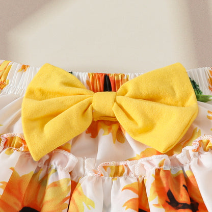 Summer baby girl button ruffled edge short-sleeved romper with flower bow half-length cake skirt suit