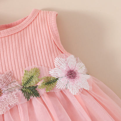 Toddler Girls Sleeveless Cropped Top Mesh Dress Set Sweet Girls Applique Skirt Lace Jacket